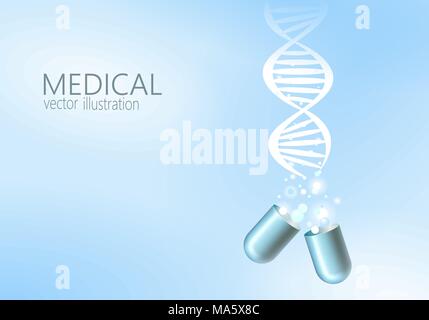 Wissenschaft Gentherapie molekulare Struktur medizinische Genom Behandlung Hintergrund. Pädagogische logo Medizin Zentrum der Gesundheitsversorgung. Blue DNA-Sequenz Licht 3d-Flachbild Vector Illustration Stock Vektor