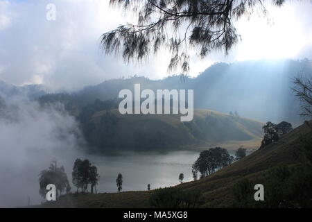 Am Morgen herrscht im Bromo Tengger Semeru National Park Lumajang, Ost-Java, Indonesien eine Atmosphäre von Ranu Pani und Ranu Gummolo Stockfoto