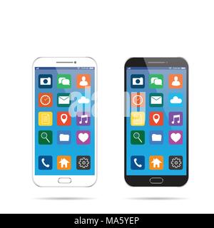 Neue realistische smart phone Schwarz und Weiß im modernen Stil. Vektor Smartphone mit UI Symbole. auf weißem Hintergrund. Stock Vektor
