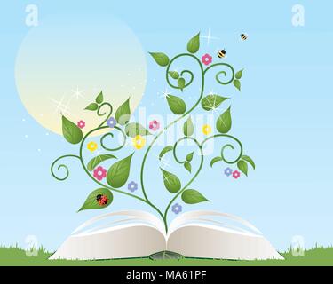Ein Vektor Abbildung im EPS 10 Format eines offenen Garten Buch mit Laub Blumen und Insekten aus der Seiten unter einem Sommer Sonne Stock Vektor