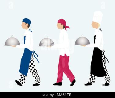 Ein Vektor Abbildung im EPS 10 Format von drei Köche, die Fächer, die in verschiedene Arten von Arbeit Verschleiß auf ein Eis blauen Hintergrund gekleidet Stock Vektor