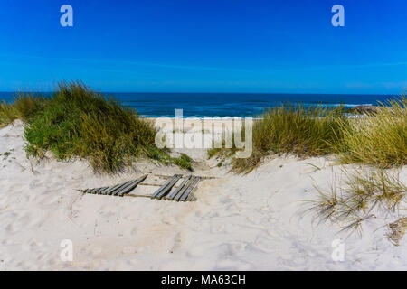 Luftaufnahme von Strand und den Sanddünen bei Sonnenuntergang in Valladolid, Aveiro - Portugal. Luftaufnahme. Stockfoto