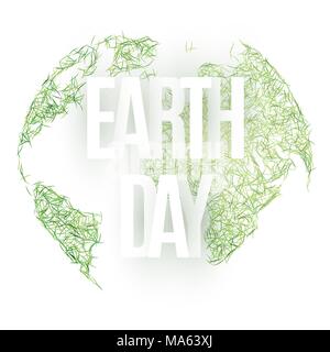 Happy Earth Day. 22. April. Abstract Green Planet Erde aus dem Gras auf weißem Hintergrund. Speichern Sie die Erde. Text aus Papier Buchstaben. Ökologische ho Stock Vektor