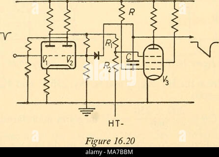 . Elektronische Geräte für die biologische Forschung. Nach der Ankunft des einen negativen Impuls der Eccles-Jordan Stromkreis 'über' und F^Anode positive geht, heben Sie den Entstörer bias auf V^und die Miller heruntergekommen zu beginnen. Dieser Erlös bis V^Anode ein Punkt, an dem die Diode, V^ Grid negativ und Rücksendung der Eccles-Jordan Stromkreis zum ursprünglichen Zustand erreicht. Anodenstrom in F3 wird dann einmal mehr von der Unterdrücker und der zeilentrafo auftritt. Die Amplitude des Ausgangs ist offenbar unabhängig von der Rate von Miller heruntergekommen. In diesem Stromkreis Sanatron^{Fi Stockfoto