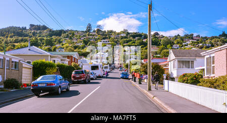 Februar 8, 2017 - die Suche nach Baldwin Street, der steilsten Strasse der Welt - Dunedin, Neuseeland. Stockfoto