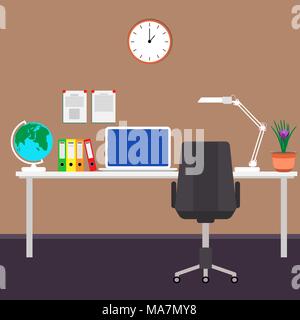 Die häuslichen Arbeitsplatz des Unternehmers Schreibtisch, Laptop, Aktenschrank, Schreibtisch Lampe, Stuhl, Wanduhr, ein Globus. Vector Illustration im flachen Stil Stock Vektor
