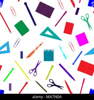 Zurück zu Schule nahtlose Muster mit Hand gezeichnet Schulmaterial, Bücher und Schreibwaren. Linie, Polygon, Schere, Notizbuch, Stift, Bleistift, Radiergummi, Pinsel cl Stock Vektor
