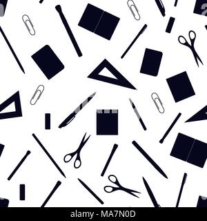 Zurück zu Schule nahtlose Muster mit Hand gezeichnet Schulmaterial, Bücher und Schreibwaren. Linie, Polygon, Schere, Notizbuch, Stift, Bleistift, Radiergummi, Pinsel cl Stock Vektor