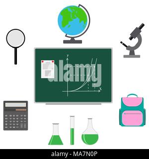 Zurück zur Gestaltung der Schule. Satz von schulbedarf Schultasche, Rechner, Globus, Lupe, Mikroskop, grün schoolboard, Vials und Flaschen mit chemischen r Stock Vektor