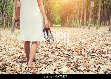 Zurück der jungen Frau, die Schuhe und Wandern im grünen Wald Stockfoto