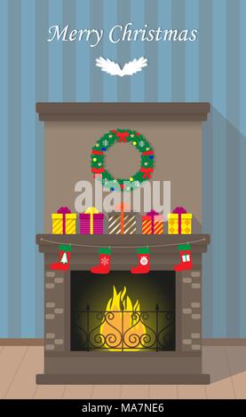 Weihnachten Kamin mit Dekorationen, Kranz, Geschenkboxen, Flamme, mit den Worten frohe Weihnachten. Vector Illustration. Flat Style Stock Vektor
