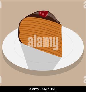 Stück Schokolade Kuchen auf weiße Platte. Süße Kuchen mit Kirschen, Sahne und Keks. Vector Illustration Stock Vektor