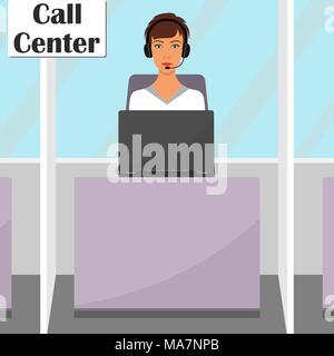 Frau in Kopfhörer mit Mikrofon an Ihrem Schreibtisch mit Laptop sitzen. Betreiber von Call Center Office im Hallenbüro arbeiten. Vektor Flachbild il Stock Vektor