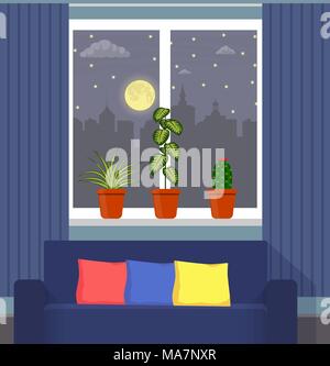 Großes Fenster mit Vorhang und Pflanzen in Töpfen auf der Fensterbank. Nacht Stadt, Mond, Wolken und Sterne vor dem Fenster. Die Couch im Vordergrund. Vect Stock Vektor