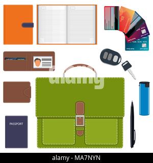 Männer s Aktenkoffer und seinen Inhalt. Männer s Tasche und ein allgemeiner Satz von Objekten tragen mit Ihnen. Tagebuch, Geldbörse, Kreditkarten, Autoschlüssel, Reisepass, Feuerzeug, Kugelschreiber. Stock Vektor