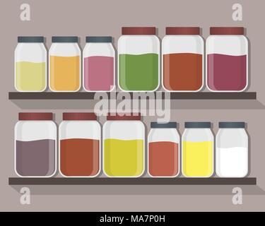 Einrichten der Küche Gläser mit unterschiedlichen Inhalten. Küche Gläser auf den Regalen. Vector Illustration Stock Vektor