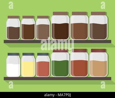 Einrichten der Küche Gläser mit unterschiedlichen Inhalten. Küche Gläser auf den Regalen. Vector Illustration Stock Vektor