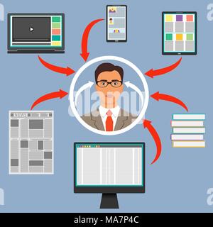 Geschäftsmann von Gadgets, Bücher und Zeitungen umgeben. Computer, Smartphone, Tablet-PC, Laptop und Pfeile, um der Frau den Kopf. Schutz von Informati Stock Vektor