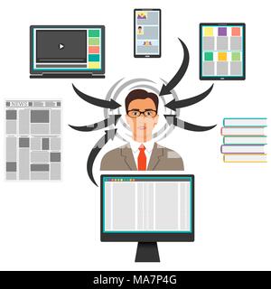 Geschäftsmann von Gadgets, Bücher und Zeitungen umgeben. Computer, Smartphone, Tablet-PC, Laptop und Pfeile, um der Frau den Kopf. Schutz von Informati Stock Vektor