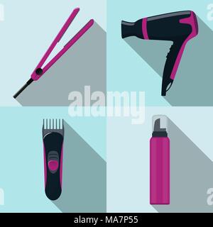 Friseur Werkzeug Icons, eingestellt. Fön, Bügeleisen, Clipper, Mousse. Beruf Friseur Symbole mit langen Schatten. Vector Illustration, flach Stock Vektor