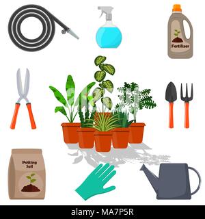 Topfpflanzen von Gartengeräte umgeben. Satz von Gartengeräte, Blumenerde, verschiedene Düngemittel in Flaschen. Vector Illustration im flachen Stil Stock Vektor