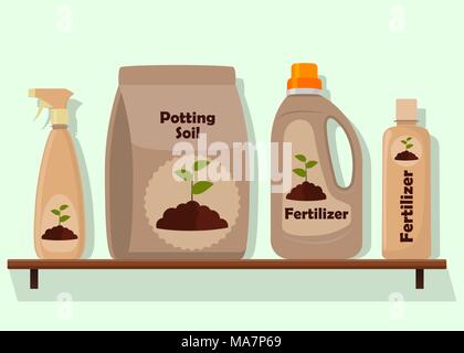Verpackung mit Boden für Topfpflanzen. Blumenerde, verschiedene Düngemittel in Flaschen und Spritzpistole. Vector Illustration im flachen Stil Stock Vektor