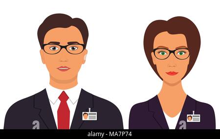 Der Mann und die Frau in Anzügen mit Abzeichen und Gläser. Business avatar Profilbild. Vector Illustration, isoliert Stock Vektor