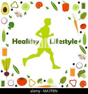 Silhouette einer laufender Mann, durch Symbole von Gemüse umgeben. Gesunder Lebensstil Abbildung Symbol für Infografiken eingestellt Stock Vektor