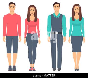 Männer und Frauen im vollen Wachstum stehen in verschiedenen Kleidung. Paare, die in einer zwanglosen und Sport Kleidung. Basic Kleiderschrank. Vector Illustration, isoliert Stock Vektor