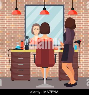 Friseur und Frau Client in Schönheit Friseursalon im Loft-Stil. Stuhl, Spiegel, Tisch, Friseursalons Tools, Kosmetik Produkte für die Haarpflege. Ba Stock Vektor