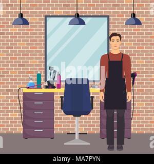 Friseur in modernen Friseursalon im Loft-Stil. Friseur warten auf Kunden. Stuhl, Spiegel, Tisch, Friseur, Hair Care Produkte. Stock Vektor