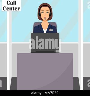 Frau in Kopfhörer mit Mikrofon an Ihrem Schreibtisch mit Laptop sitzen. Betreiber von Call Center Office im Hallenbüro arbeiten. Vektor Flachbild il Stock Vektor