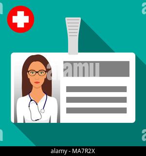 Doktor s Name Tag zugeschickt. Kunststoff horizontale Abzeichen mit Bügelverschluss. Medizinischer Arbeiter s Name card Symbol mit Schatten. Vector Illustration im flachen Stil Stock Vektor