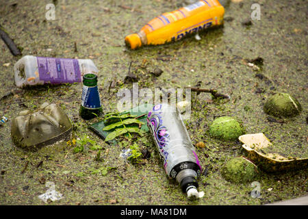 Plastikflaschen, Tennisbälle und anderen Müll sammeln über eine Schleuse Tor, Fluss Avon Salisbury Wiltshire England UK GB Stockfoto