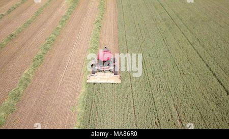 Luftaufnahmen von Red Harvest kombinieren ein grünes Weizenfeld Stockfoto