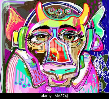 Bunte Kuh in rosa Kleidung und Kopfhörer Musik hört Stock Vektor