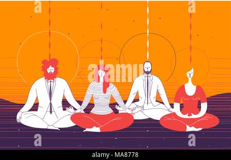 Mehrere Mitarbeiter im Büro in intelligente Kleidung sitzen in Yoga Position und Meditieren. Konzept der Business Meditation, Achtsamkeit, Konzentration und Team Build Stock Vektor