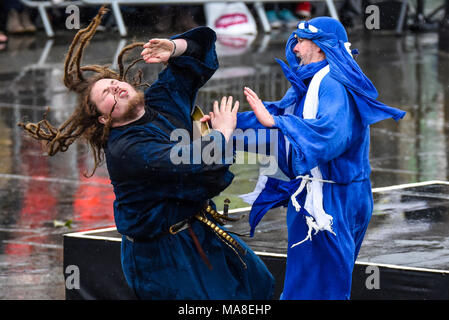 Wintershall CIO porträtierte Passion und die Auferstehung Jesu Christi auf dem Trafalgar Square als Bühne Stockfoto