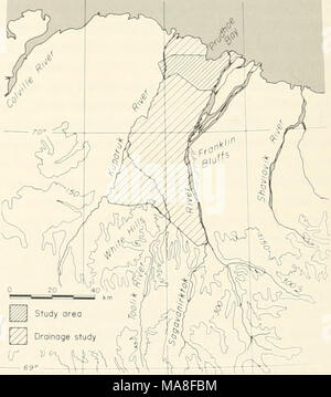 . Ökologische Untersuchungen der Tundra biome in der Prudhoe Bay, Alaska. Abb. 1. Lage der Studie in Bezug auf die Kanalisation der Kuparul< und Saga-vanirl</<Flüsse in Prudhoe Bay. Stockfoto
