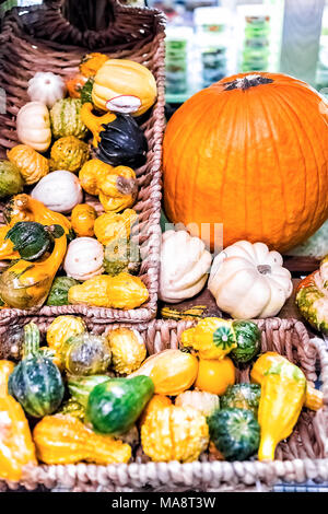 Makro Nahaufnahme von kleinen gelben Dekorative schnitzen Kürbis Kürbis im Korb, Heu Anzeige-stapel nach Store Stockfoto