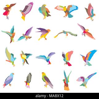 Der Vektor buntes Mosaik schneiden Sie fliegen und sitzen Silhouetten der Adler, Falke auf weißem Hintergrund Stock Vektor