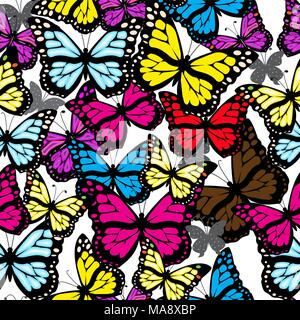Bunte Schmetterlinge auf einem weißen Hintergrund. Vector Illustration. Nahtlose Textur. Stock Vektor