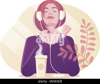 Vector Illustration des jungen Mädchens Kaffee trinken und Musik hören mit Kopfhörern. Moderne Wohnung Stil. Stock Vektor