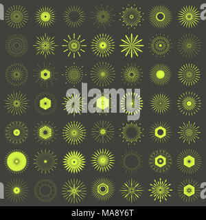 Große Retro Sun burst Formen. 49 Vintage Logo, Etiketten, Abzeichen. Vektor Design Element isoliert. Minimale gold Feuerwerk platzen. Stockfoto