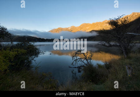 Morgennebel auf Moke Lake in der Nähe von Queenstown, Neuseeland Stockfoto