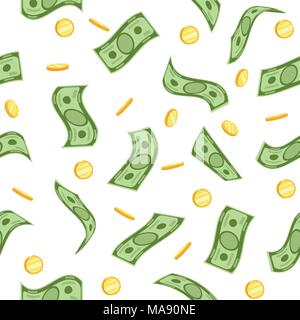 Nahtlose Muster. Geld regen Muster. Fallende Dollar Banknoten mit goldenen Münzen auf weißem Hintergrund. Abbildung für das Kredit-, Spar-, Erfolg, Chari Stock Vektor