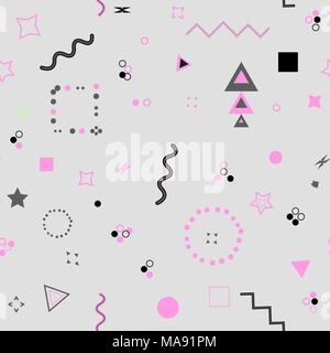 Trendy geometrische Elemente Memphis Karte. Nahtlose Memphis Muster für Gewebe- und Postkarten. Hipster Poster, pastell Farben pink und blau Hintergrund. Vect Stock Vektor