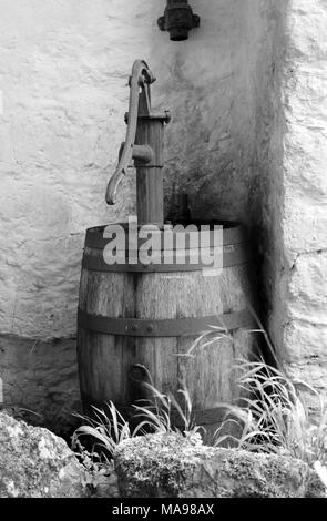 Schwarzweiß-Bild eines alten Gusseisernen hand Wasserpumpe auf einem holzschaft befestigt. Stockfoto