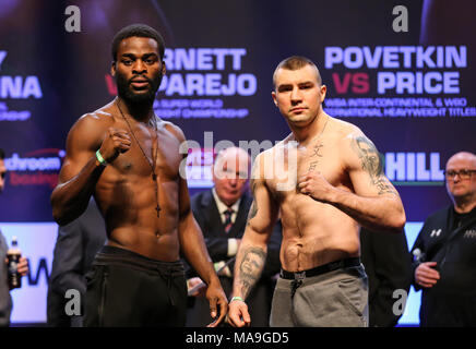 03-30-2018, Motopoint Arena Hall, Cardiff. JOSHUA BUATSI v BARTOLMIEJ GRAFKA 12 St 10lbs 3 oz 12 St 6 lbs 8 oz (Croydon) (Polen) Anthony Josua V Joseph Parker, Unified Welt Titel kämpfen Stockfoto