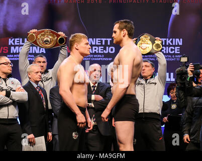 03-30-2018, Motopoint Arena Hall, Cardiff. ALEXANDER POVETKIN v DAVID PREIS 16 St 5 oz 18 St 3lbs 4oz (Russland) (Liverpool) Anthony Josua V Joseph Parker, Unified Welt Titel kämpfen Stockfoto